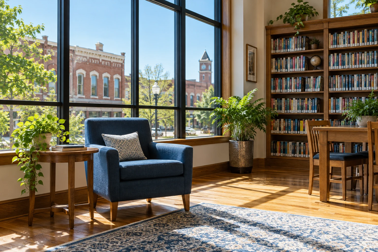 A spotless library reading corner with oak shelves and a blue armchair
