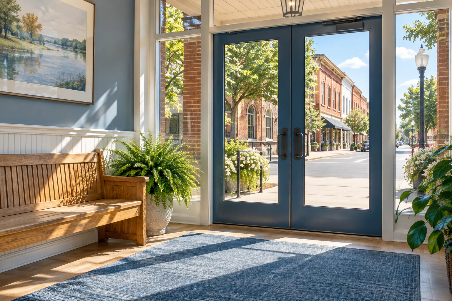 Welcoming sunlit brick-building entrance