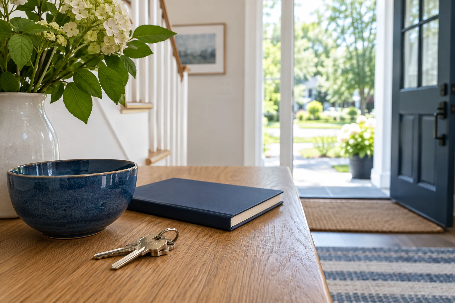 A tidy home entryway console with keys and a navy notebook