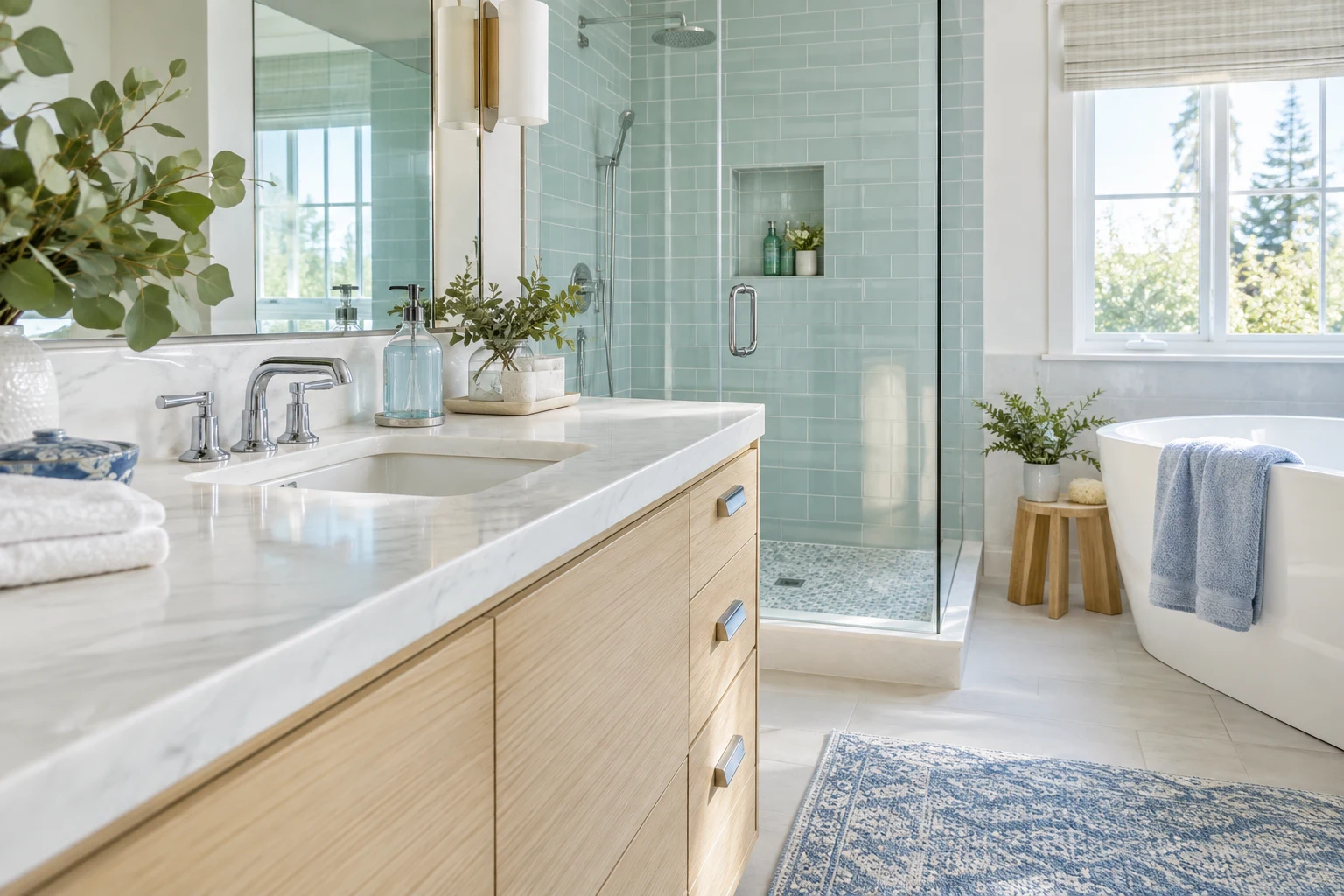 Clean tiled bathroom with polished fixtures
