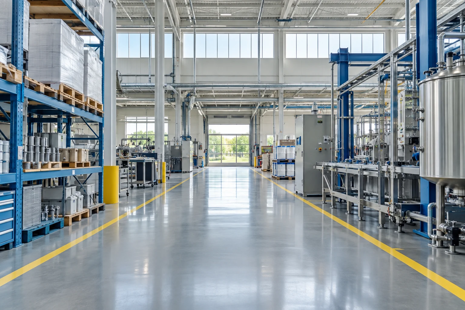 Clean manufacturing aisle with marked walkways