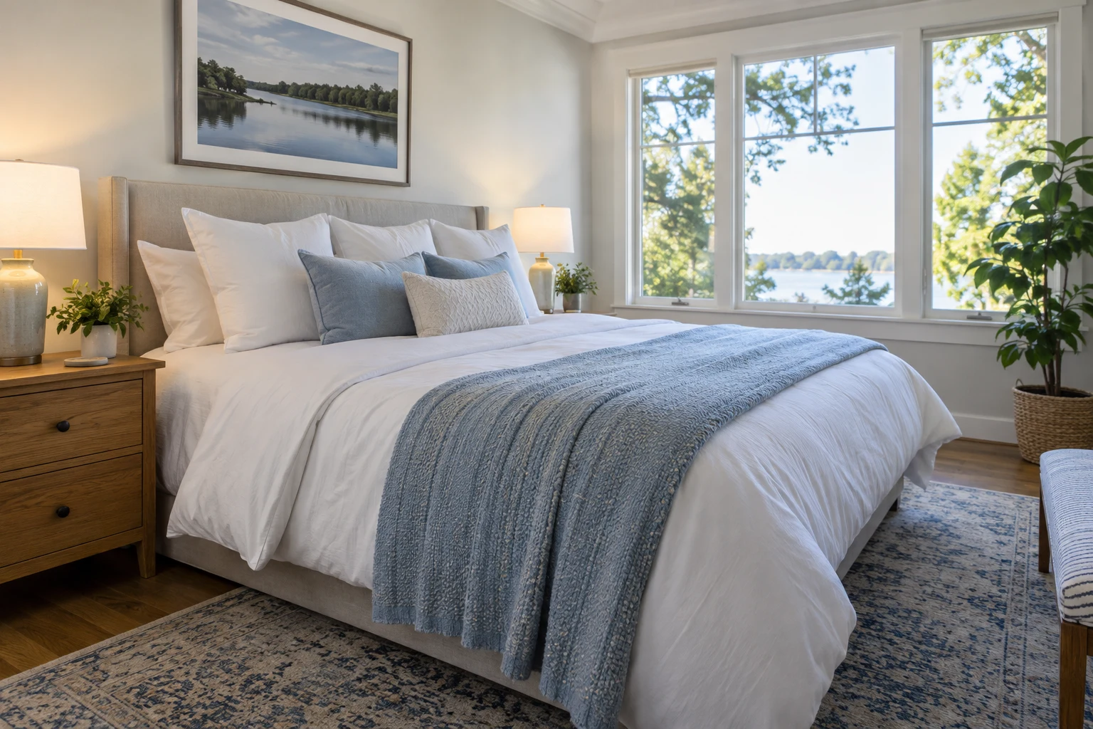 A bright tidy bedroom with white bedding and a pale blue blanket