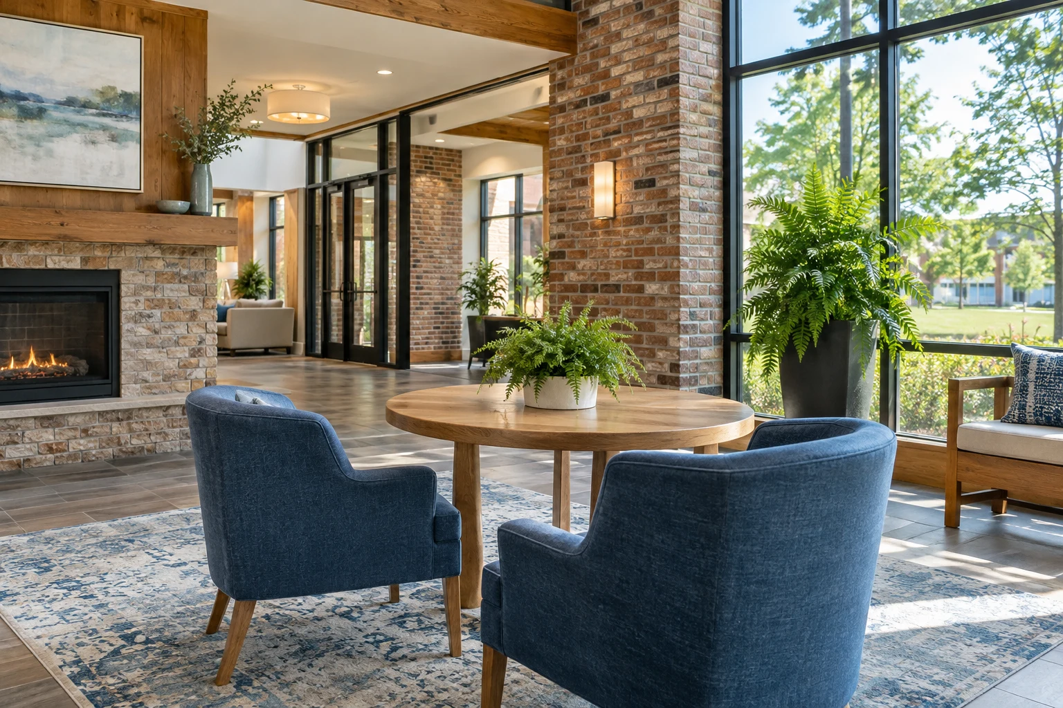 A welcoming apartment communal lounge with blue chairs and a fern