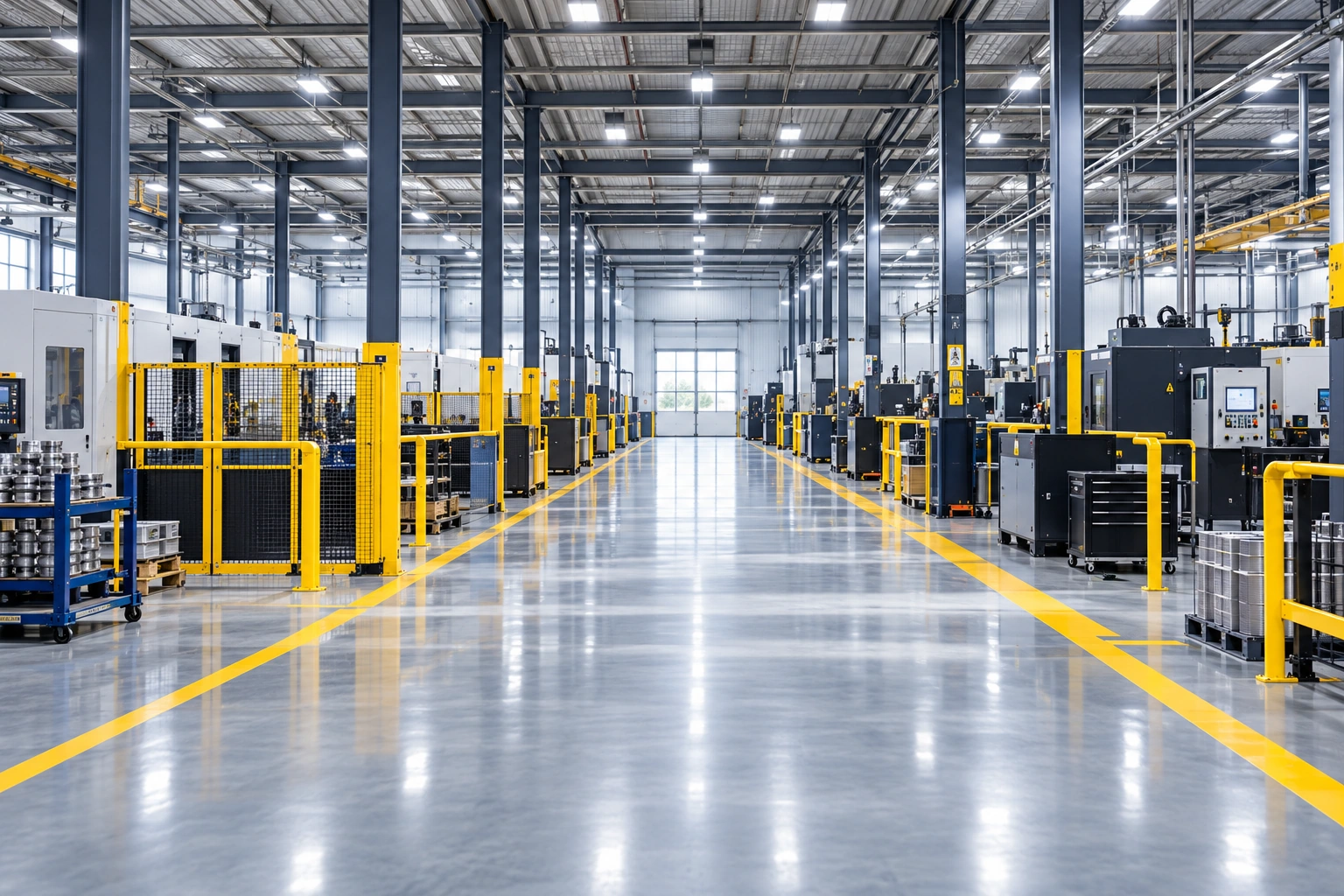 A spotless industrial facility with clearly marked walkways.