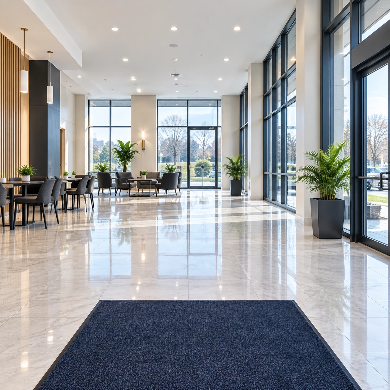 A welcoming, freshly cleaned building lobby.