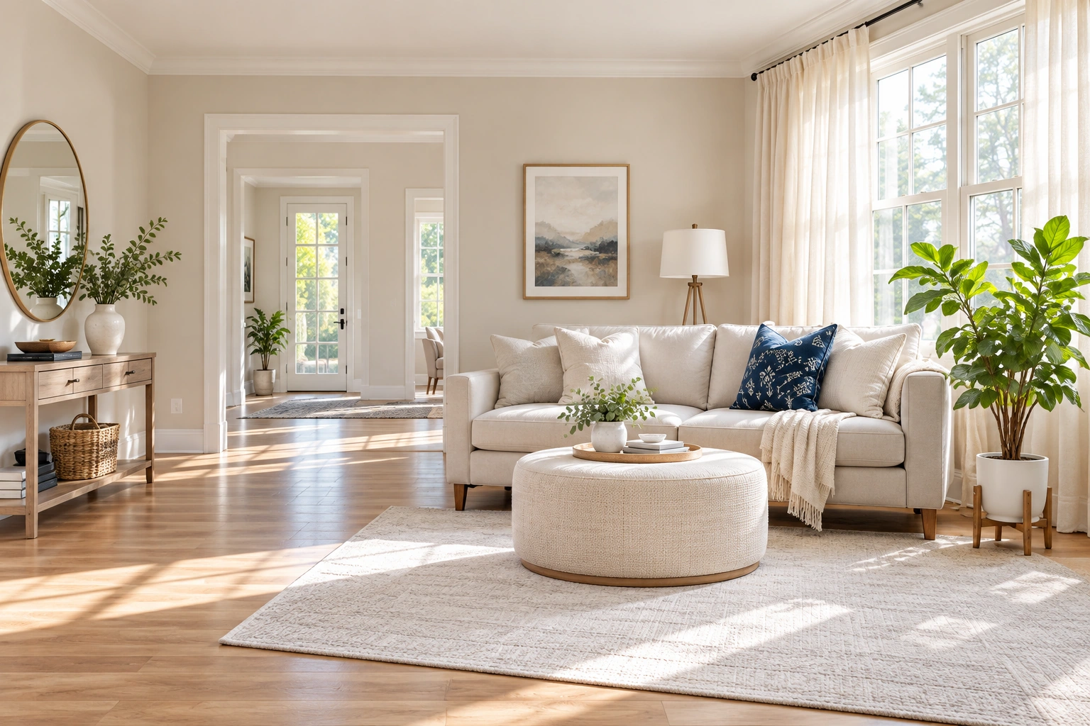 A bright, clean living room with a sofa and houseplants.